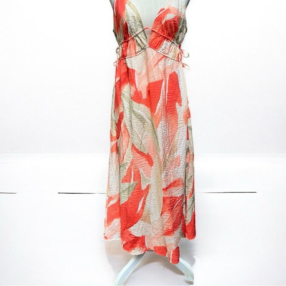 🌻H&M Coral Patterned Drawstring Detail Midi Dress Size Large - Picture 6 of 12